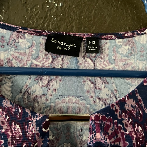 Purple Patterned 3/4 Sleeve Top with Metal Detail on Chest, Size Petite PXL - Picture 3 of 5